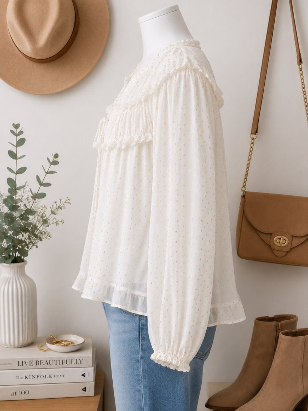 ✨ Old Navy White & Gold Metallic Dot Boho Blouse | Size Medium - Picture 3 of 5